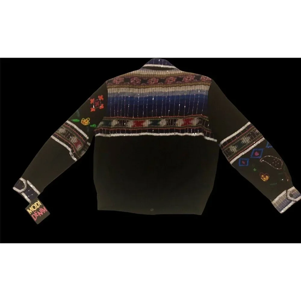 Vintage MODI Denim Beaded Sequined Black Floral Paisley Jacket NEW SAMPLE Sz Med - Picture 11 of 11